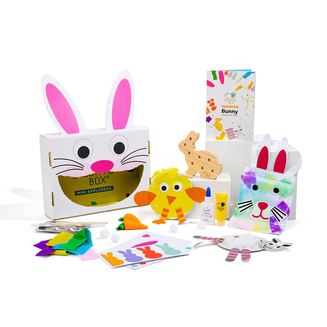 My Creative Box Mini Explorers Bunny Activity Box. Arts, Craft, Science, STEM, Learning and 2-4 years Toddler Educational Fun. Subscription and Gift Activity Box available. Easter and Festive Art &amp; Craft Fun